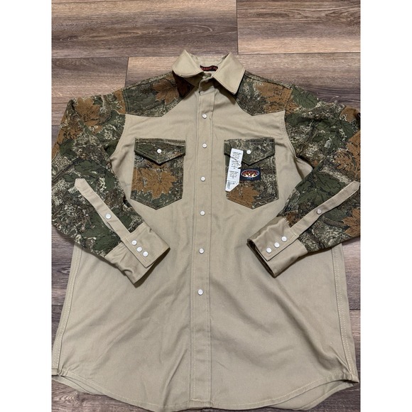 RASCO FR Men Khaki Camo Canvas FLAME RESISTANT Pearl Snap Work Shirt 16-16.5 34 - Picture 2 of 7